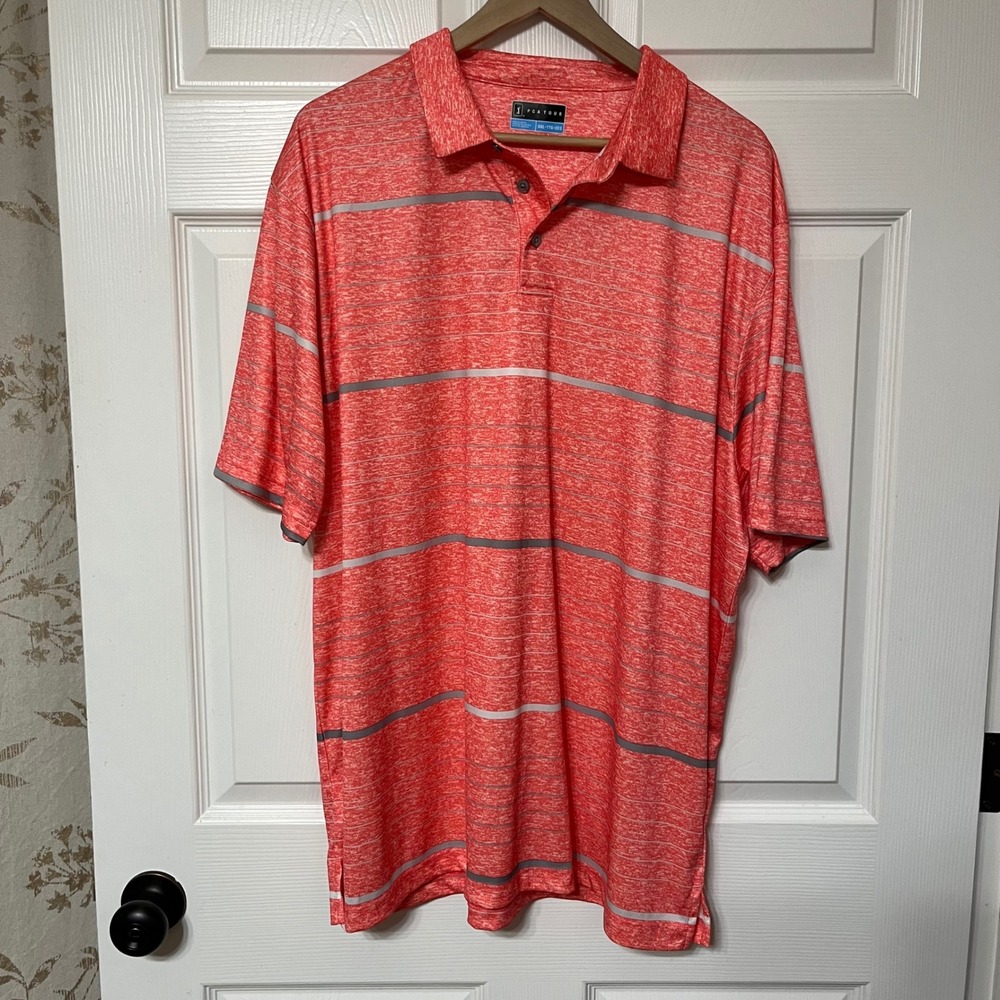 PGATOUR Mens XXL Coral Heathered Golf Polo Shirt Performance Dry Fit‎ Stripes